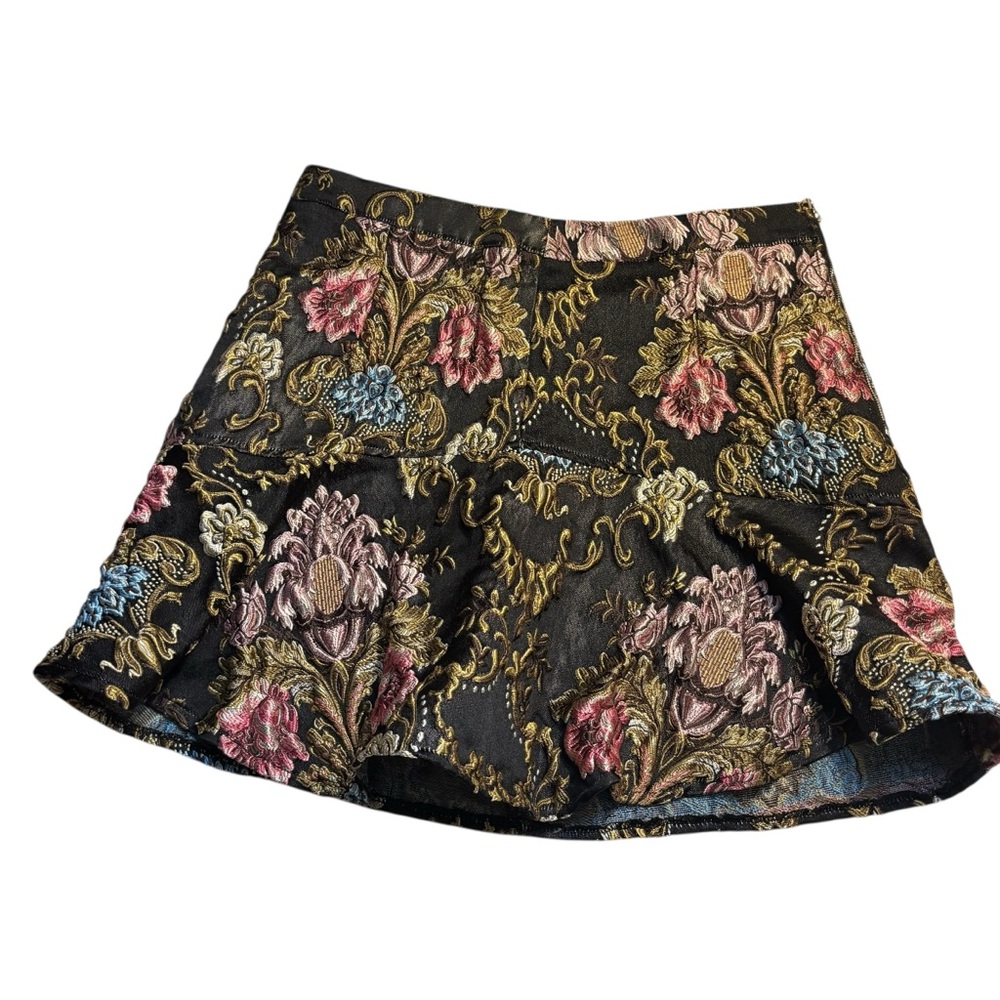 Missguided Skirt Sz 12 Black Floral Jacquard Brocade Skater Mini Gold Pink Blue